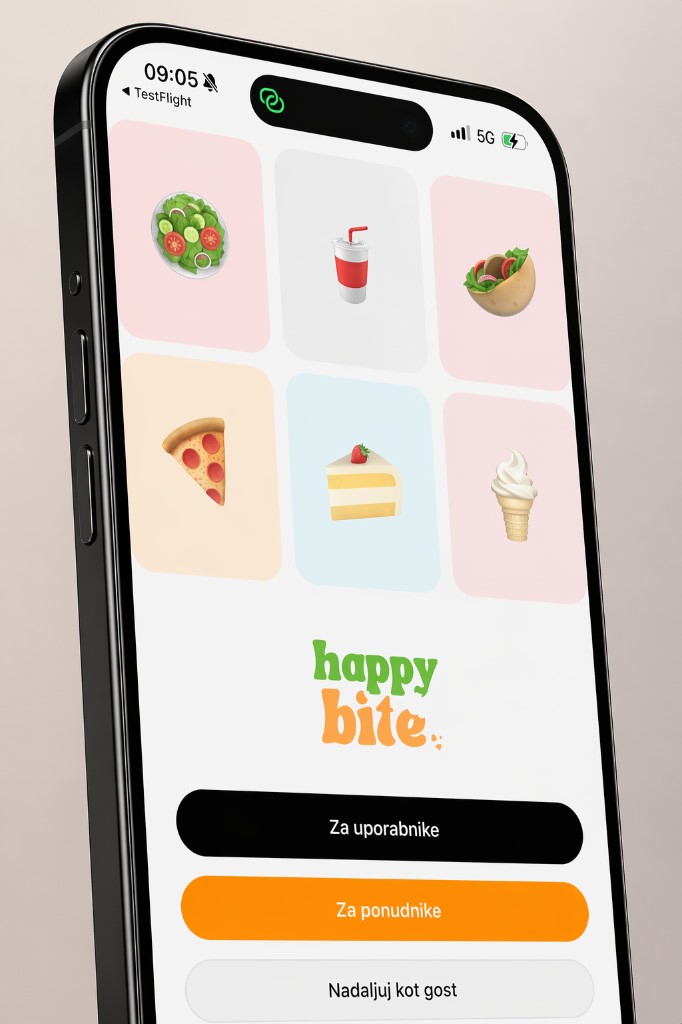 HappyBite app shown on a mobile device.